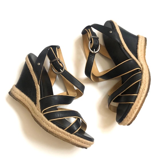 UGG Shoes - UGG black leather espadrille wedge sandals